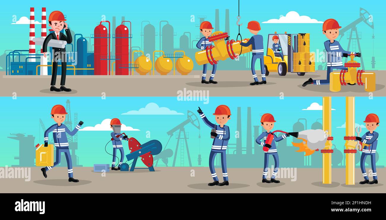 Petrochemical industry characters horizontal banners with workers in