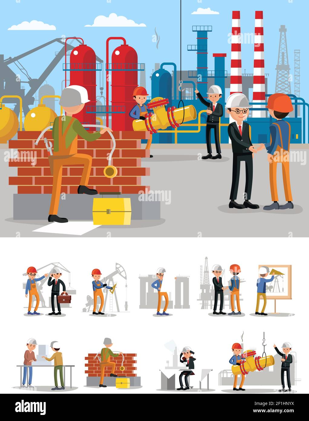 Industrial building workers characters set with engineer managing employees negotiating making and planning project vector illustration Stock Vector