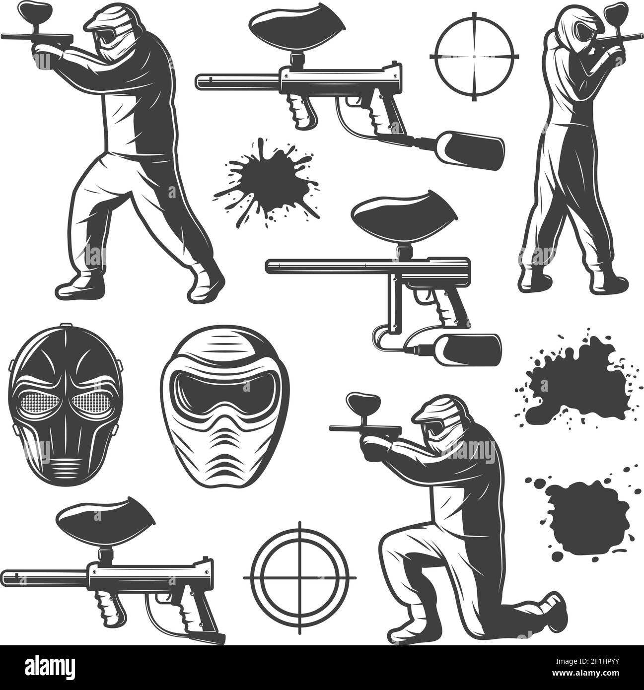 Vintage monochrome paintball club elements collection with shooting