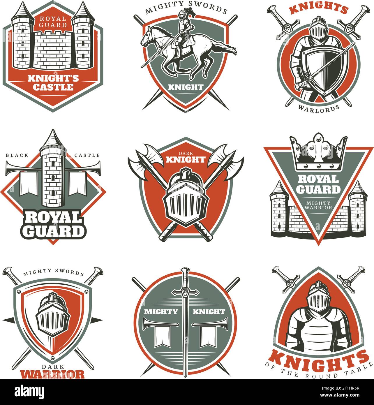 Colorful vintage historical medieval labels set with armored knights crossed weapons fortress and tower isolated vector illustration Stock Vector