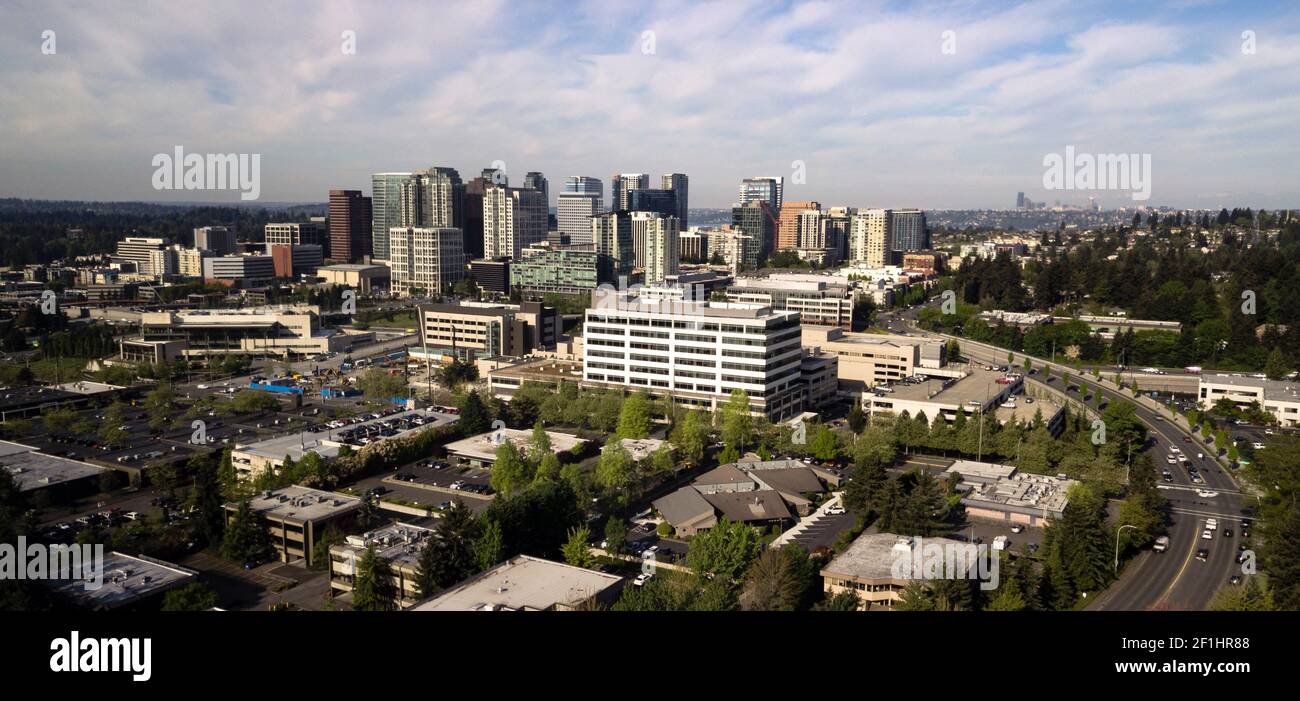 High Above Looking Down Aerial View Bellevue Washington City Skyline Stock Photo