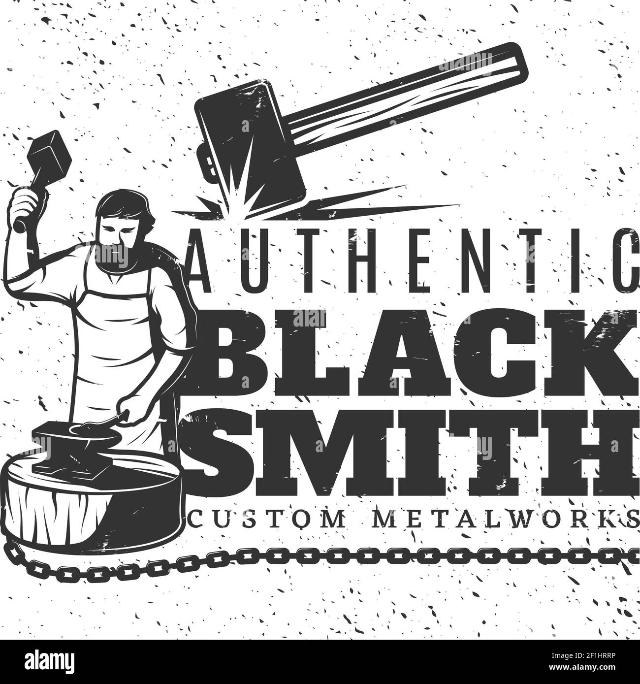 Monochrome vintage blacksmith template with metal chain bearded master holding sledgehammer and working on anvil vector illustration Stock Vector