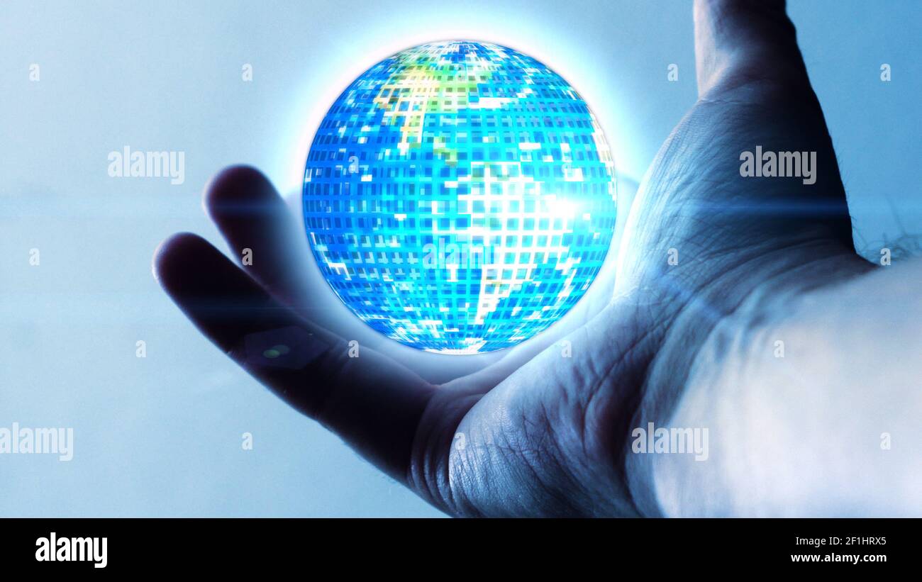 Hand Create Orbit Digitized world that orbits on the palm of a man's hand Stock Photo - Alamy