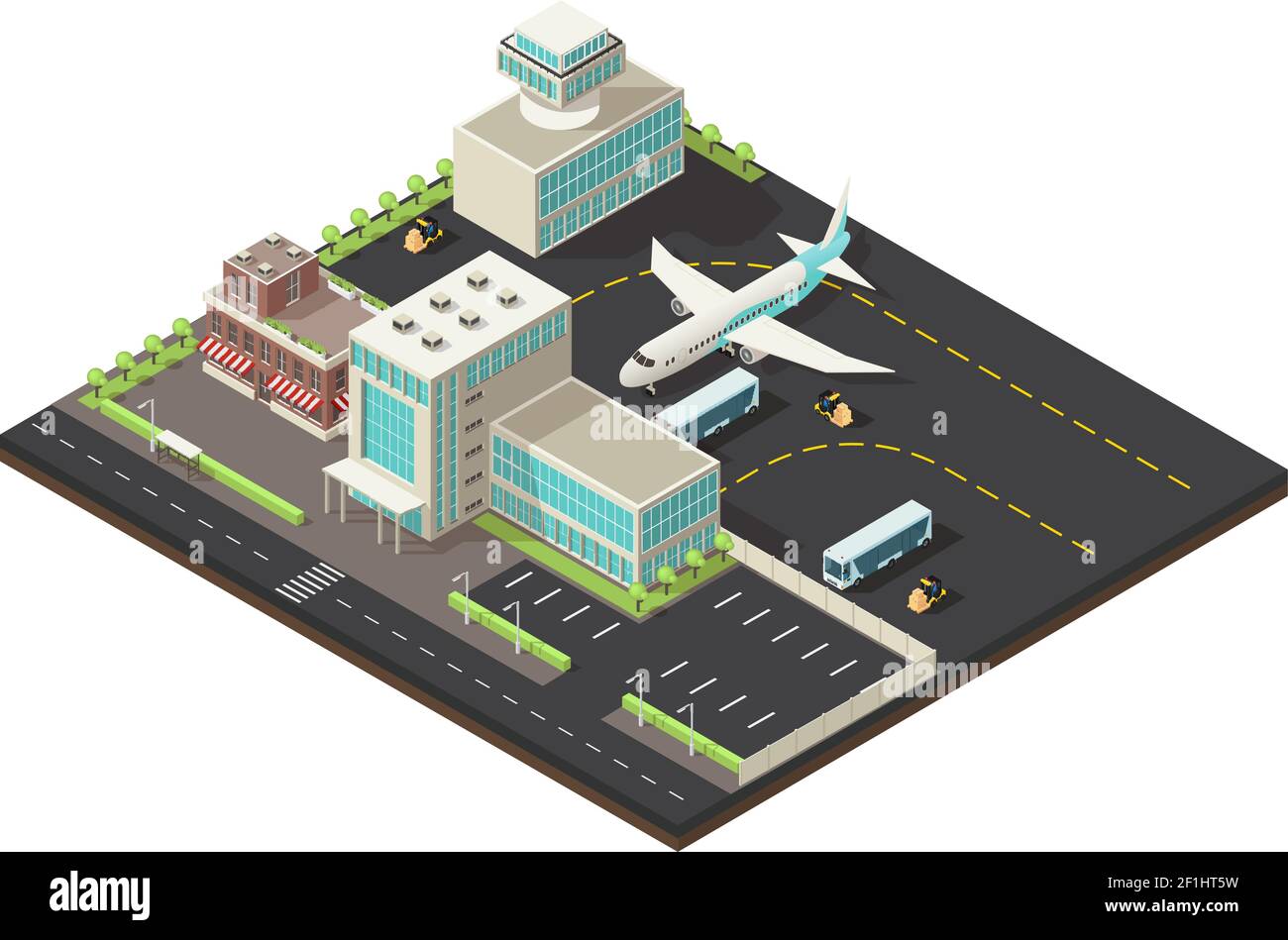 Isometric airport exterior concept with terminal control tower cafe ...