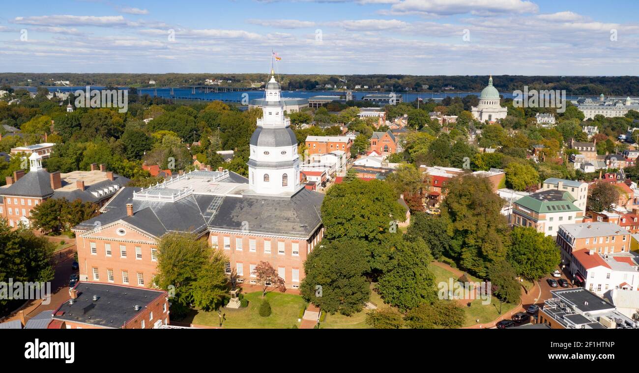 Aerial Panoramic View Annapolis Maryland State House Capital City Stock