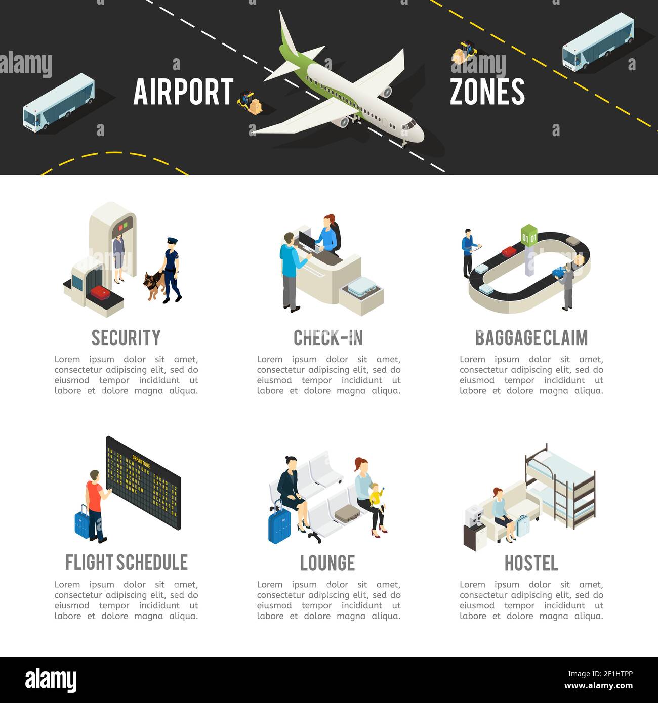 Isometric airport zones template with airplane runway passengers and ...