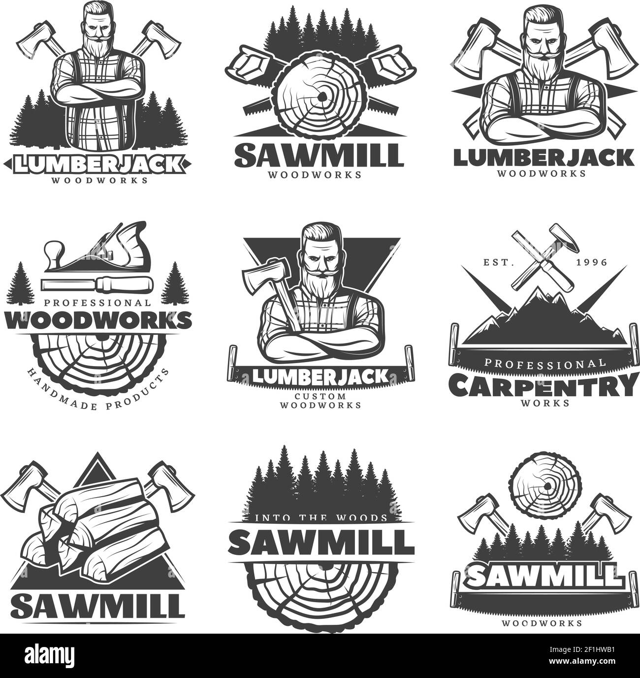 Set of isolated vintage lumberjack labels with small retro style ...