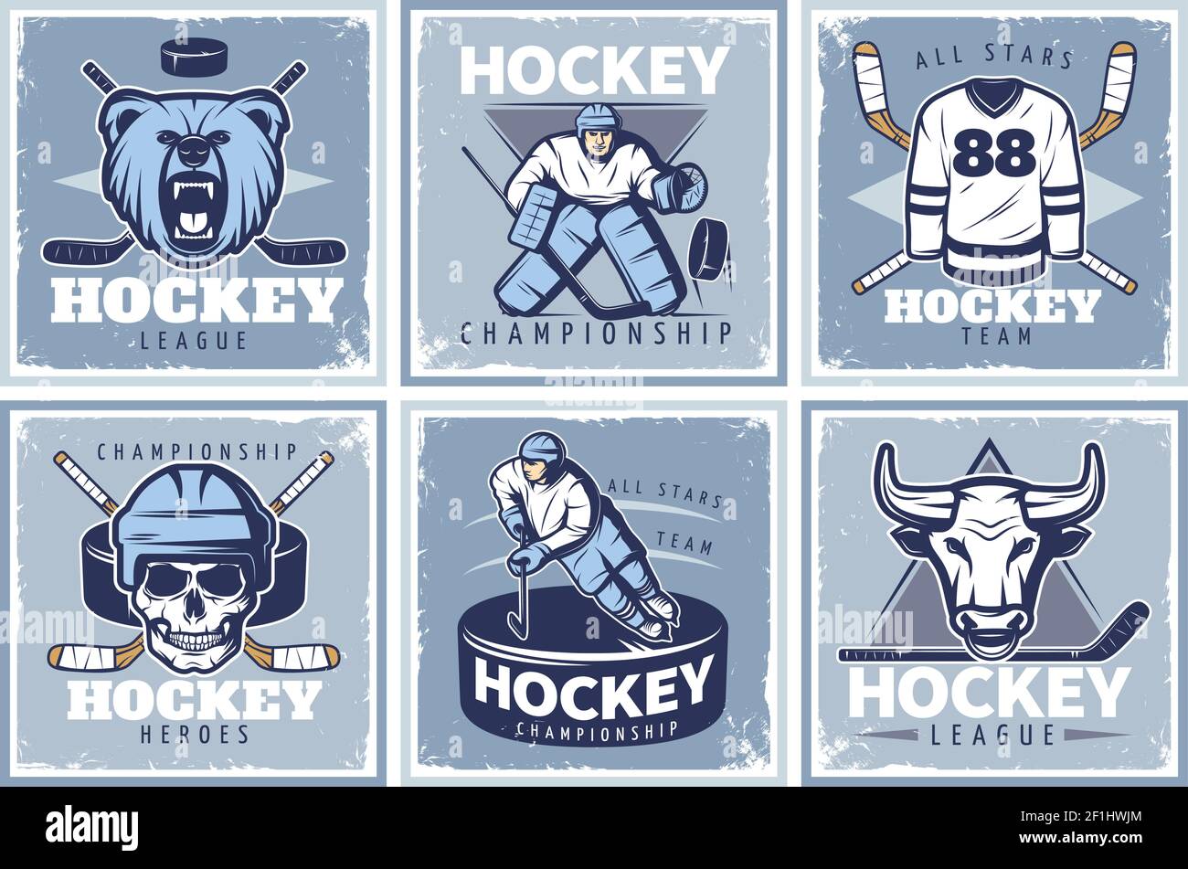 Six square hockey championship posters with old style compositions of sportsman characters mascots and various accessories vector illustration Stock Vector
