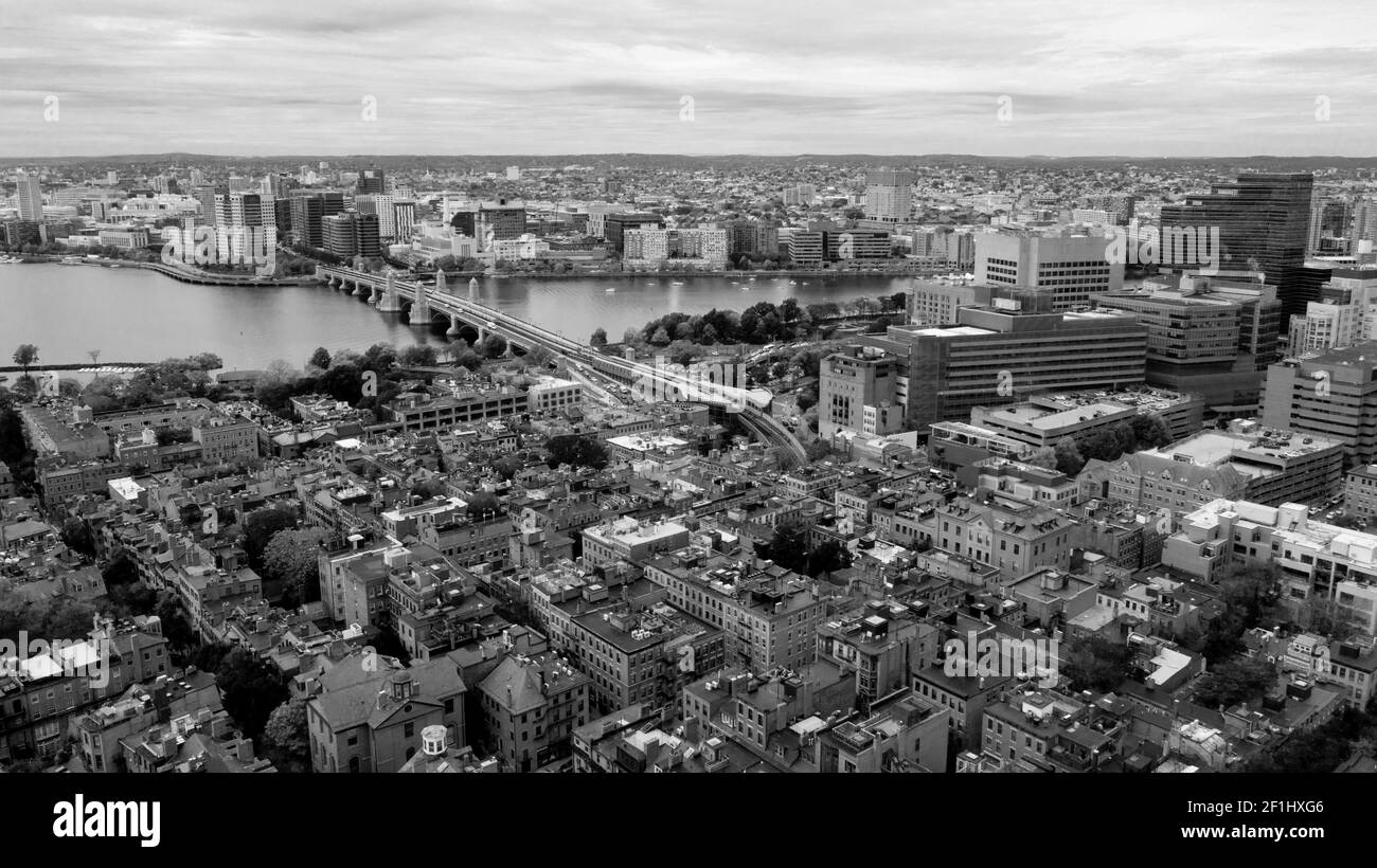 Aerial View Black and White Boston Bridge Charles River Cambridge Massachusetts Stock Photo
