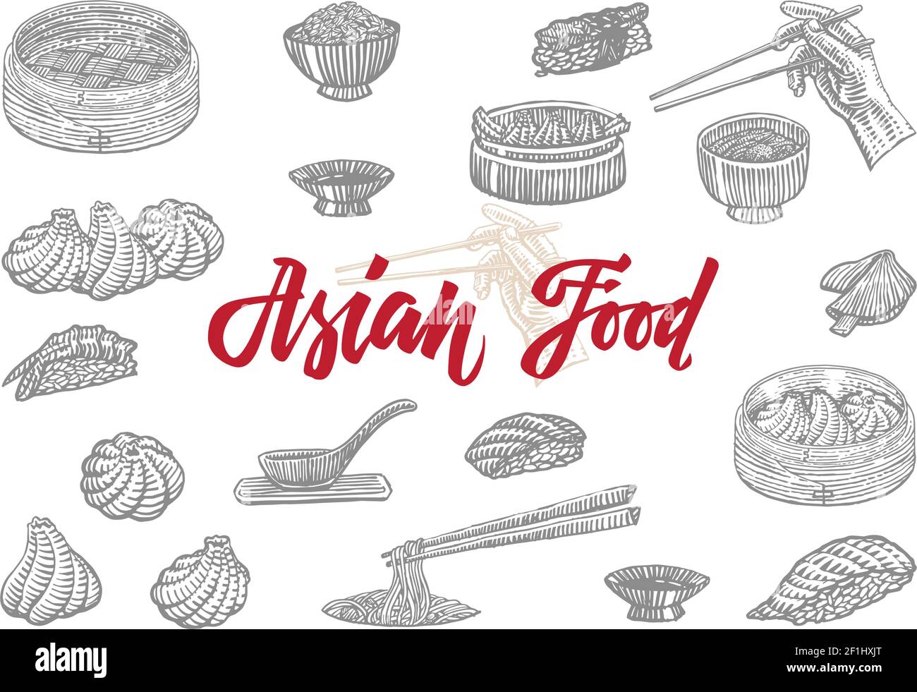 Sketch asian food collection with elements of chinese japanese and ...