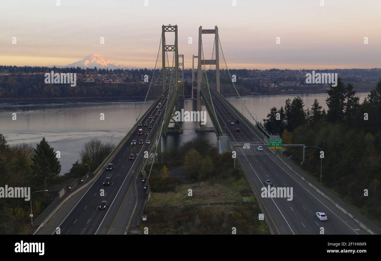 Aerial View Tacoma Narrows Bridges over Puget Sound Mount Rainier in the background Stock Photo