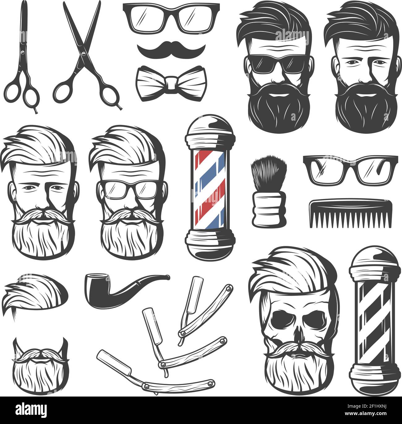Set of isolated vintage barber hipster emblem elements with