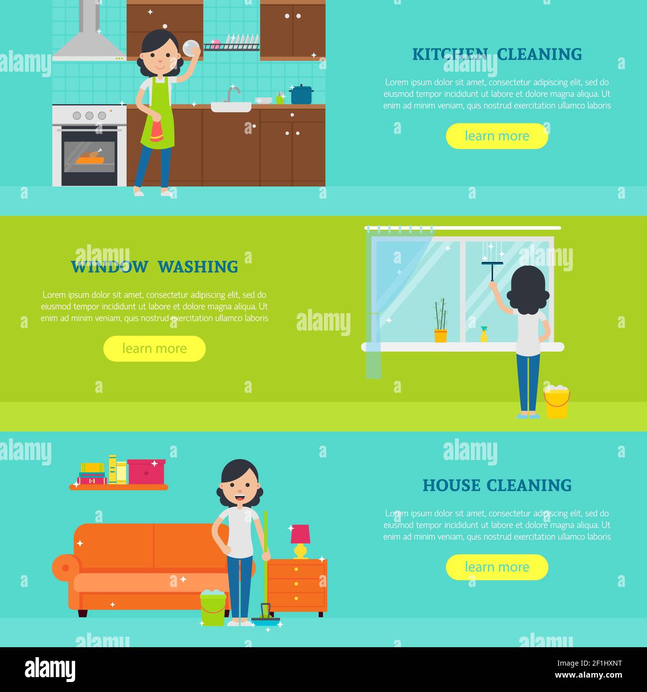 Cleaning service horizontal banners with housewife washing dishes ...