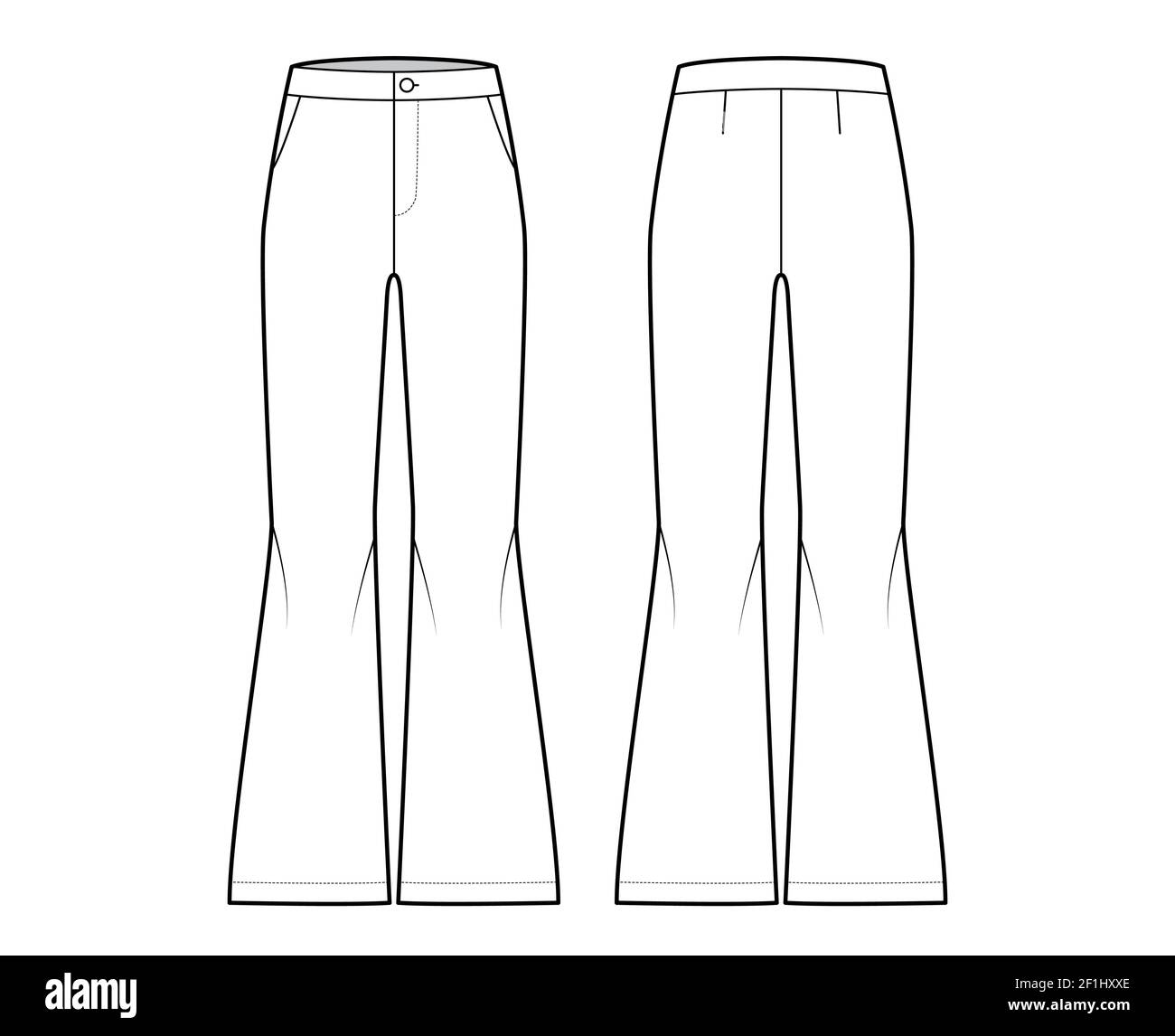 pants bell bottom technical fashion illustration with normal waist high rise slant pockets wide legs flat bottom trousers apparel template front back white color women men unisex cad mockup 2F1HXXE