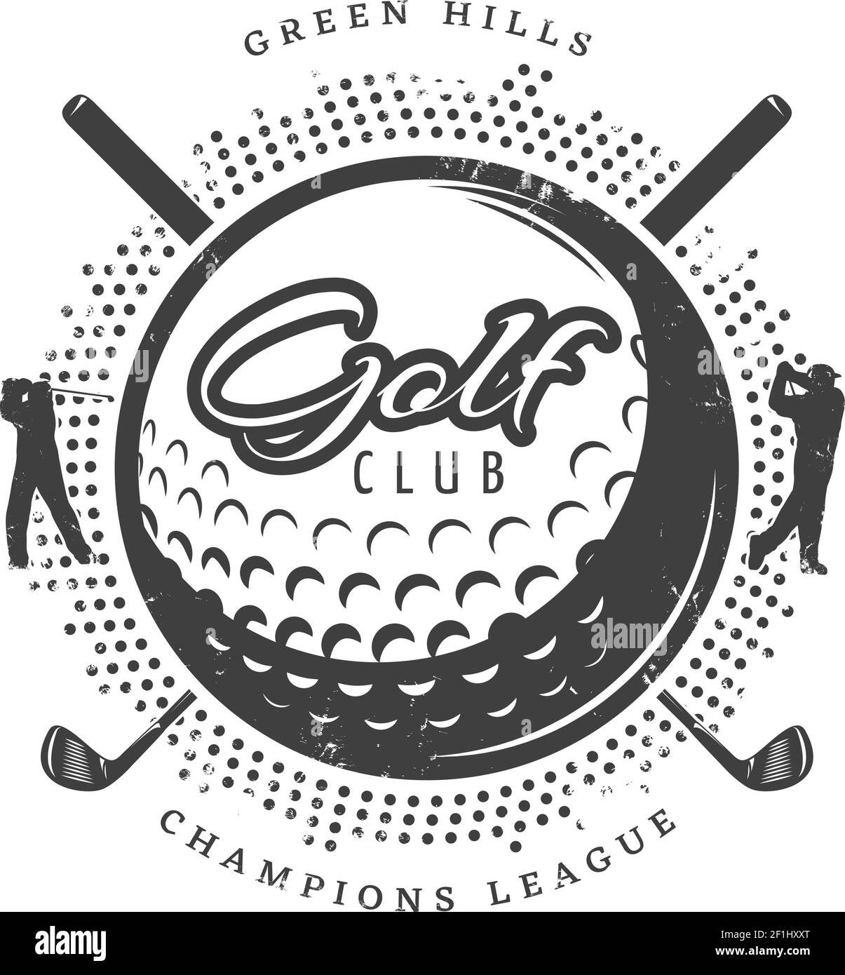 Vintage golf logotype with textured ball players and clubs in