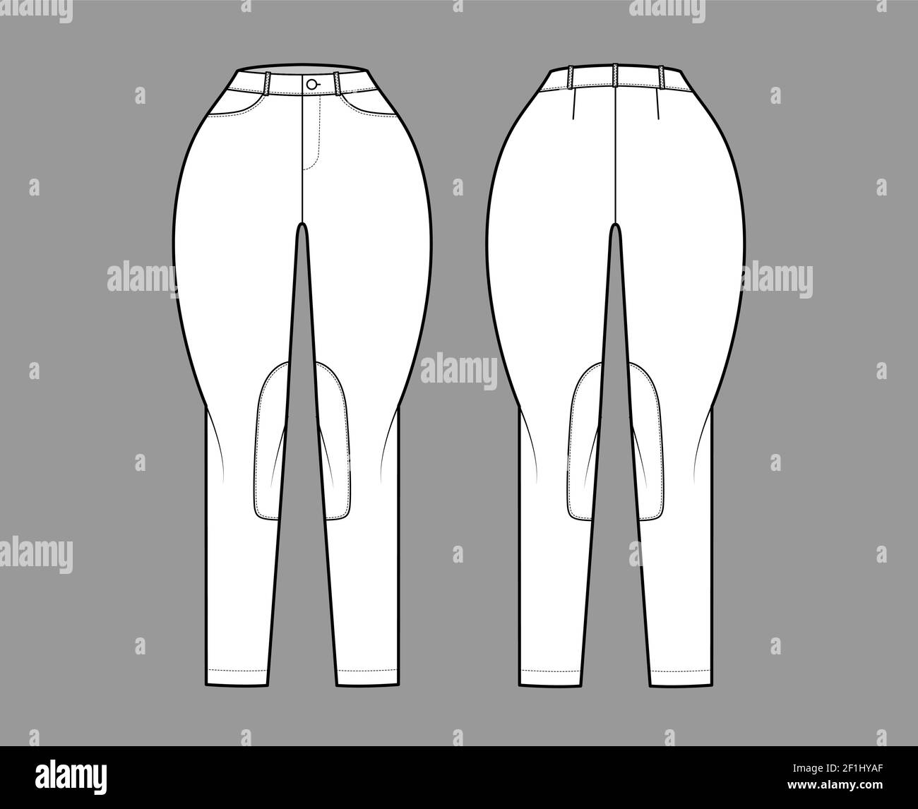 jeans classic jodhpurs denim pants technical fashion illustration with normal waist high rise pockets belt loops flat bottom apparel template front white grey color style women men unisex cad 2F1HYAF