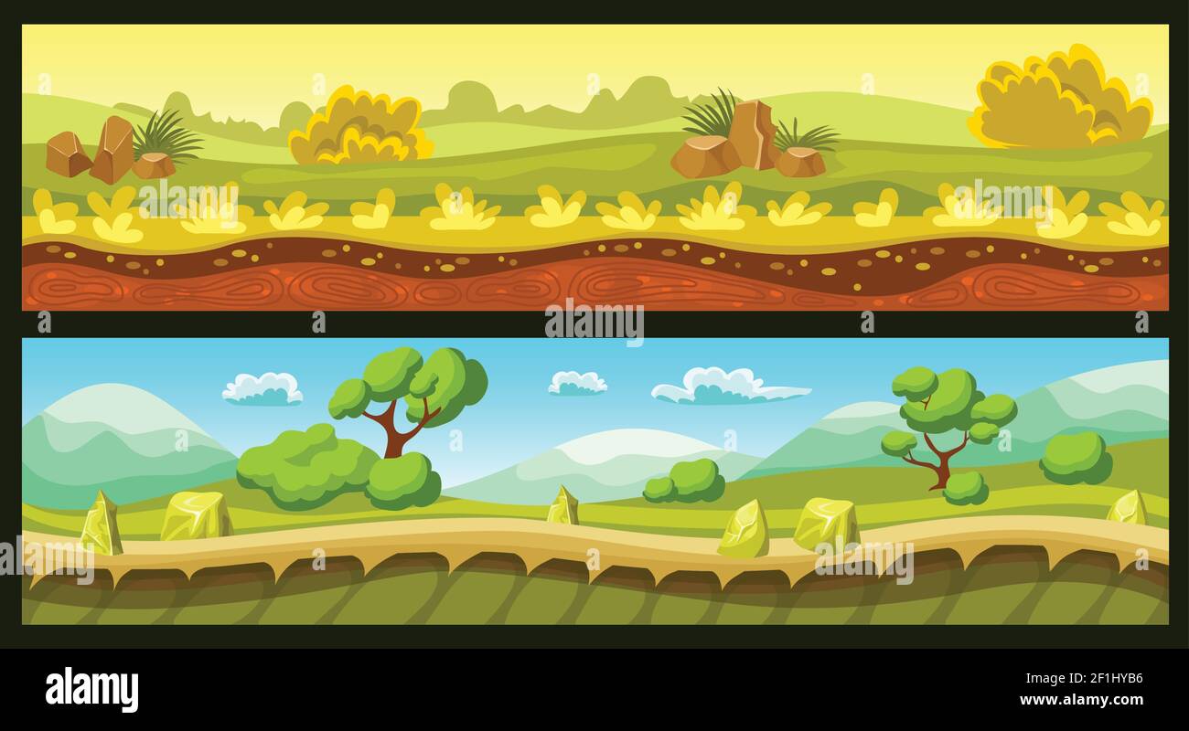 Game landscapes horizontal banners with ground and sky trees and plants stones and hills isolated vector illustration Stock Vector