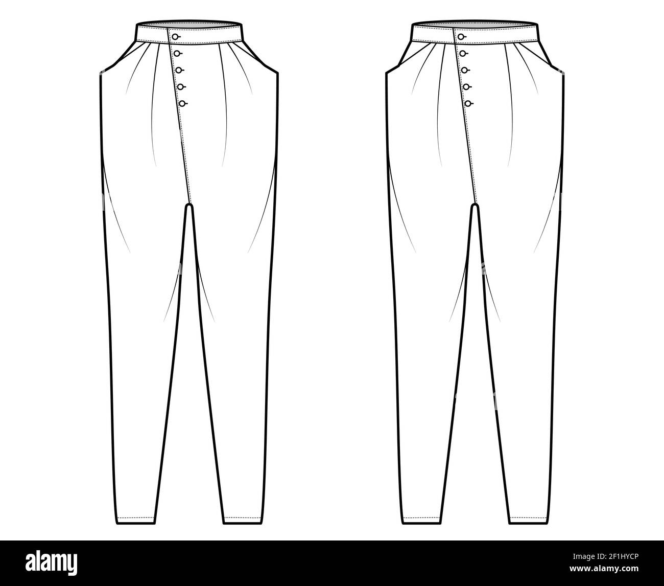 Set of Tapered Baggy pants technical fashion illustration with low