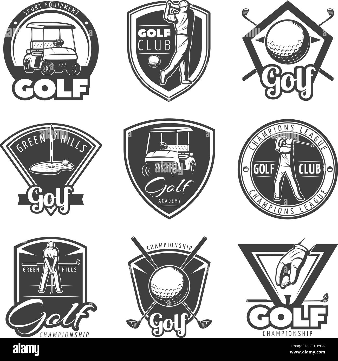 Vintage golf labels set for club with different game elements in