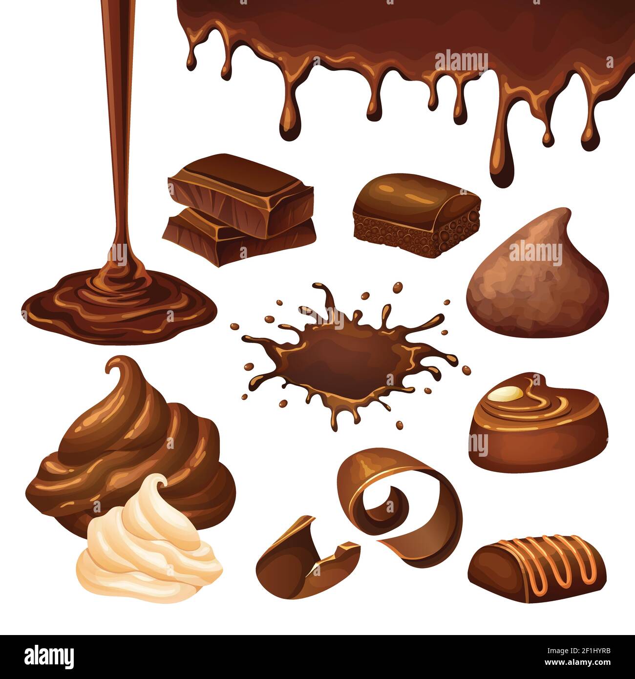 Cartoon chocolate elements set with blot drop whipped cream shavings