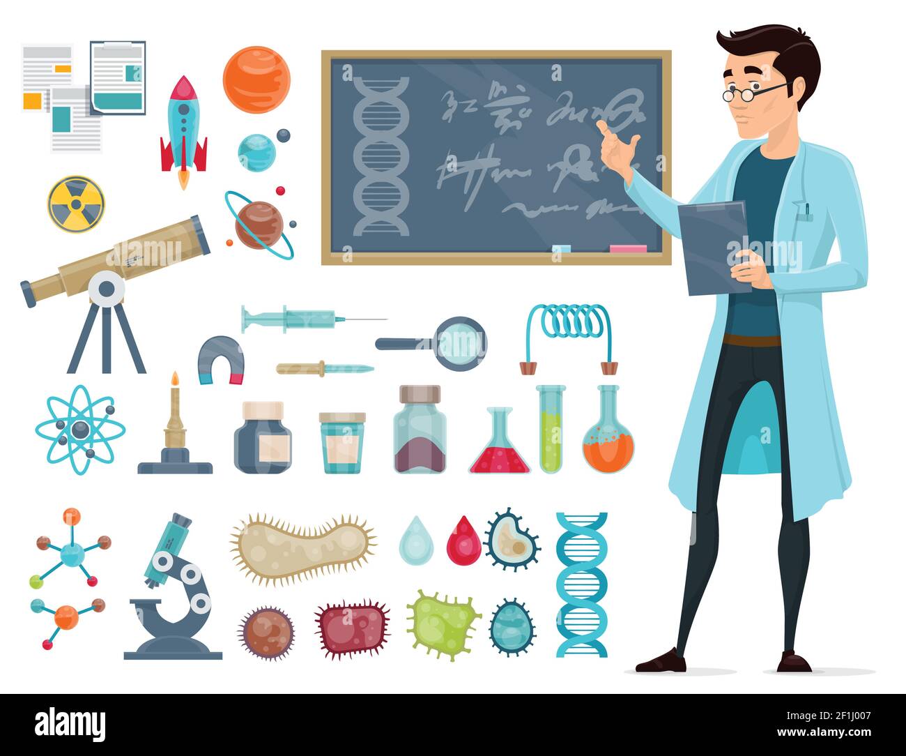 Scientific icons set with scientist and biological astronomic chemical ...
