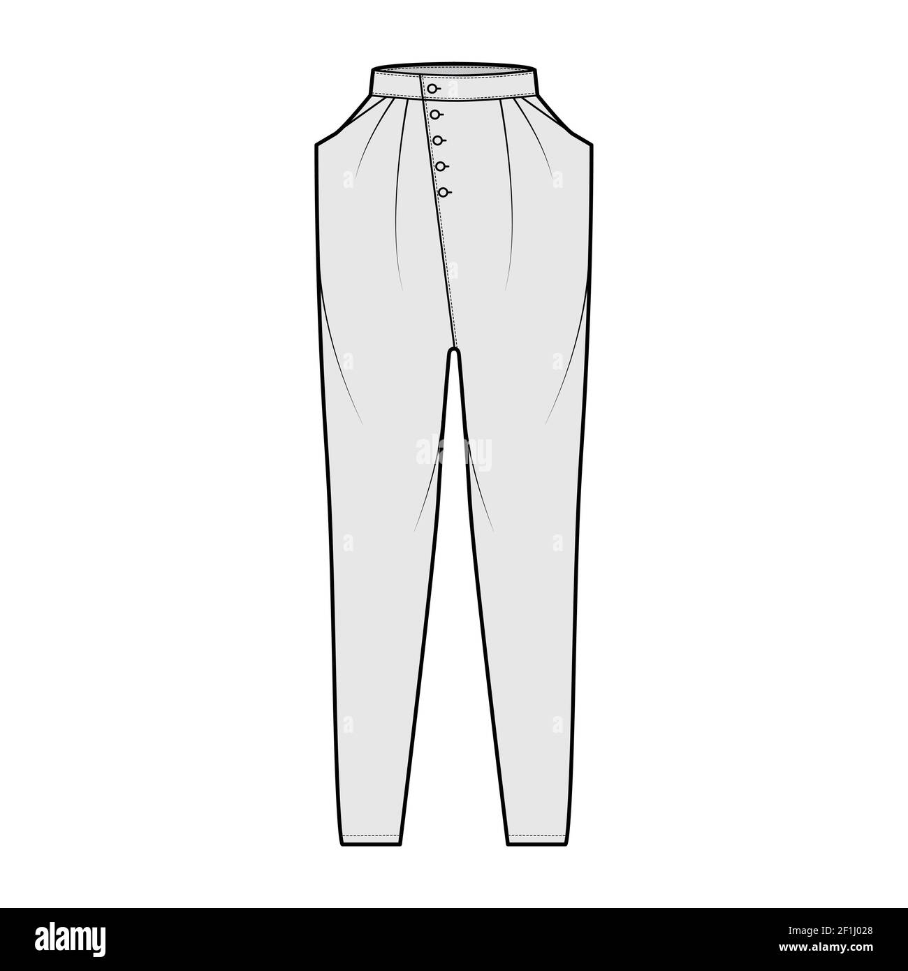 Tapered Baggy pants technical fashion illustration with normal waist, high rise, slash pockets, draping front, full lengths. Flat bottom apparel template grey color style. Women, men unisex CAD mockup Stock Vector