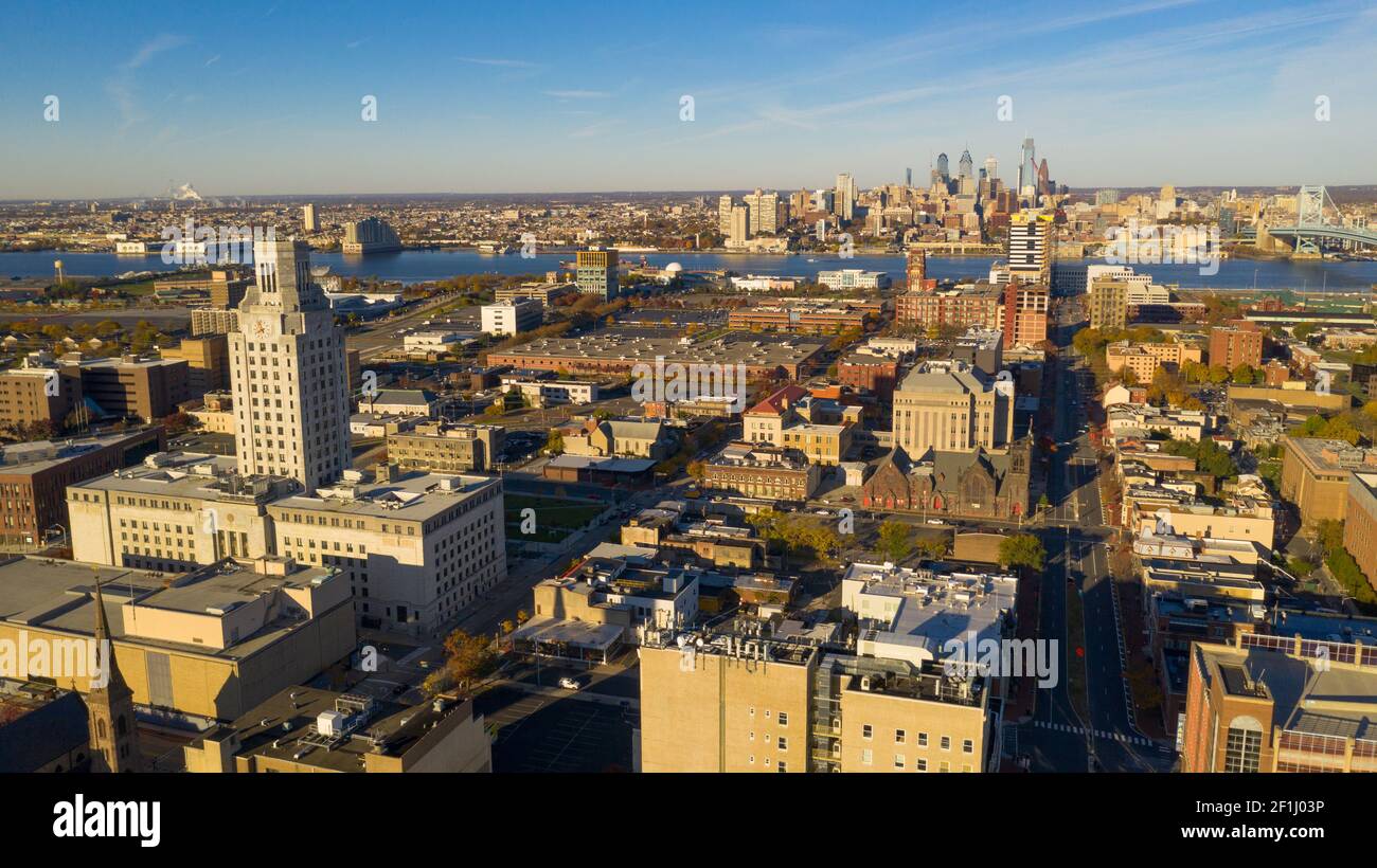 Aerial View Over Camden New Jersey Downtown Philadelphia Visable Stock
