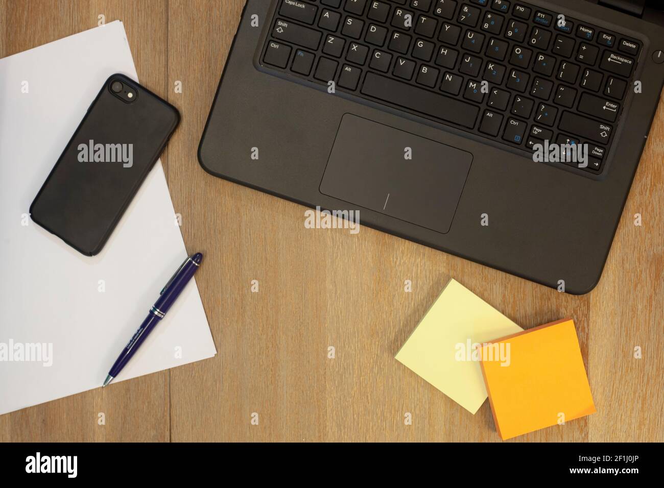 Laptop ,mobile phone ,white paper sheet with pen and sticky notes on ...