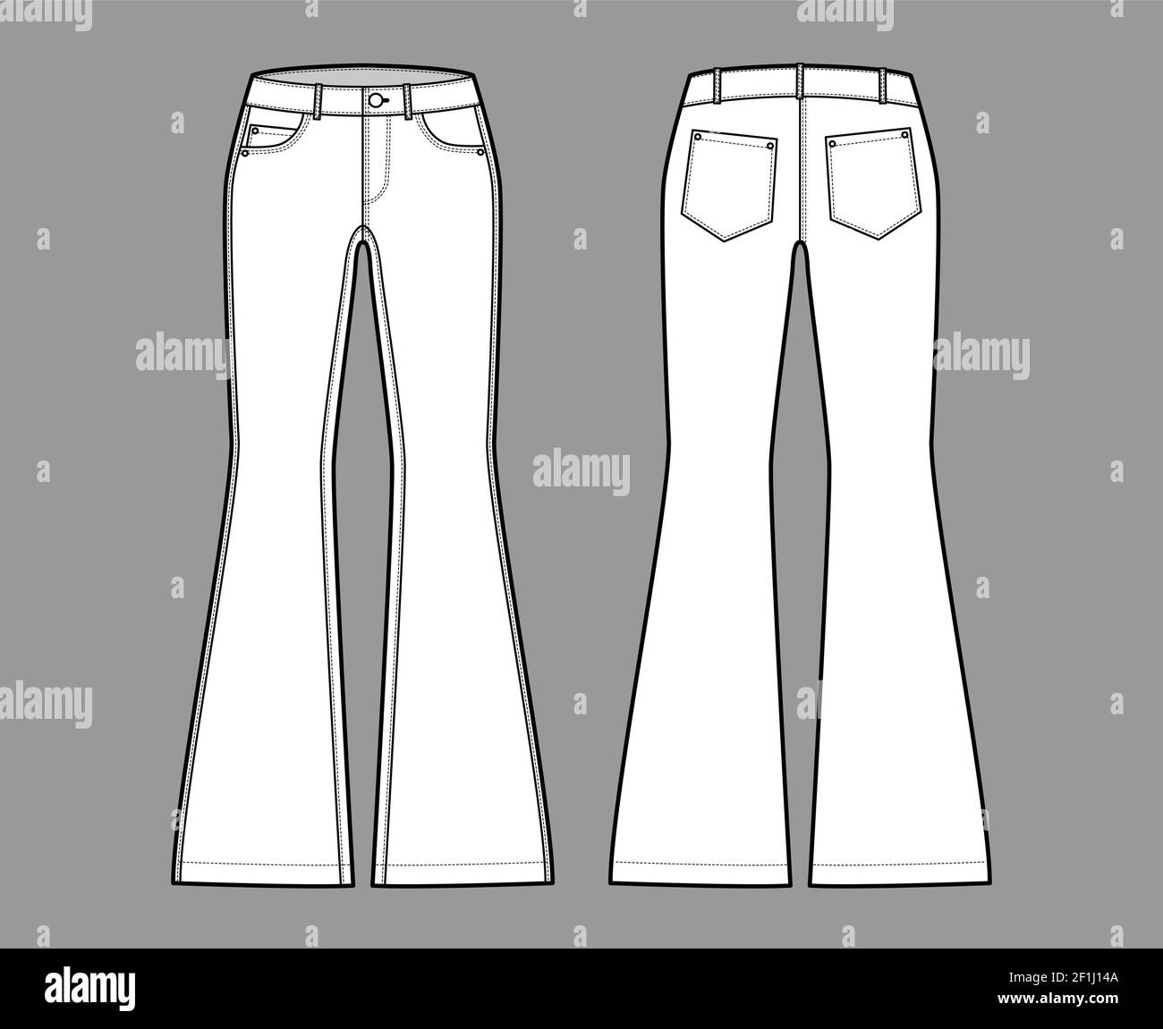 Jeans flared bottom Denim pants technical fashion illustration with full  length, low waist, rise, 5 pockets,