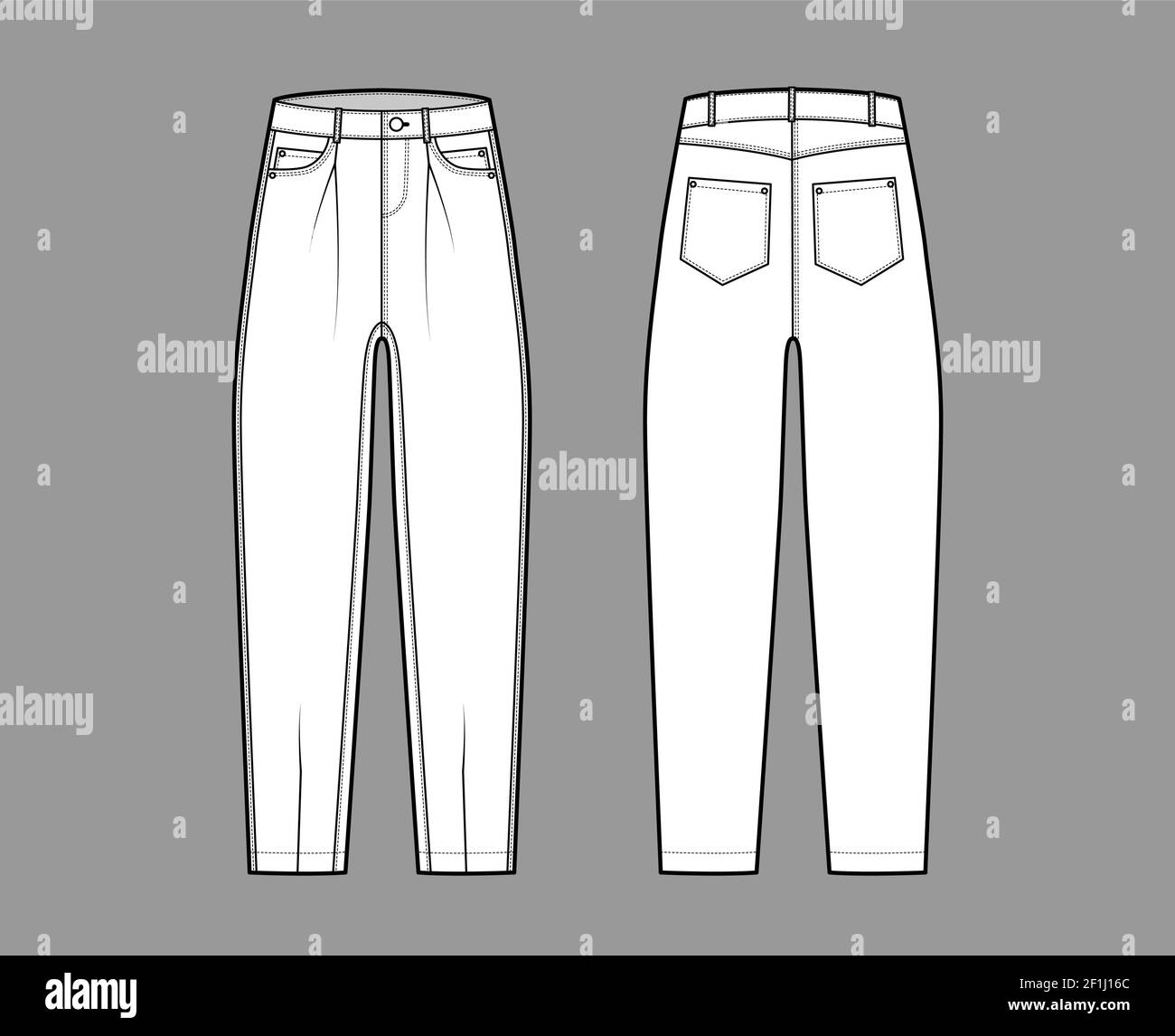 Slouchy Jeans Denim pants technical fashion illustration with full length,  low waist, rise, 5 pockets, Rivets,
