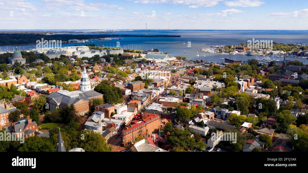 Aerial Panoramic View Annapolis Maryland State House Capital City Stock