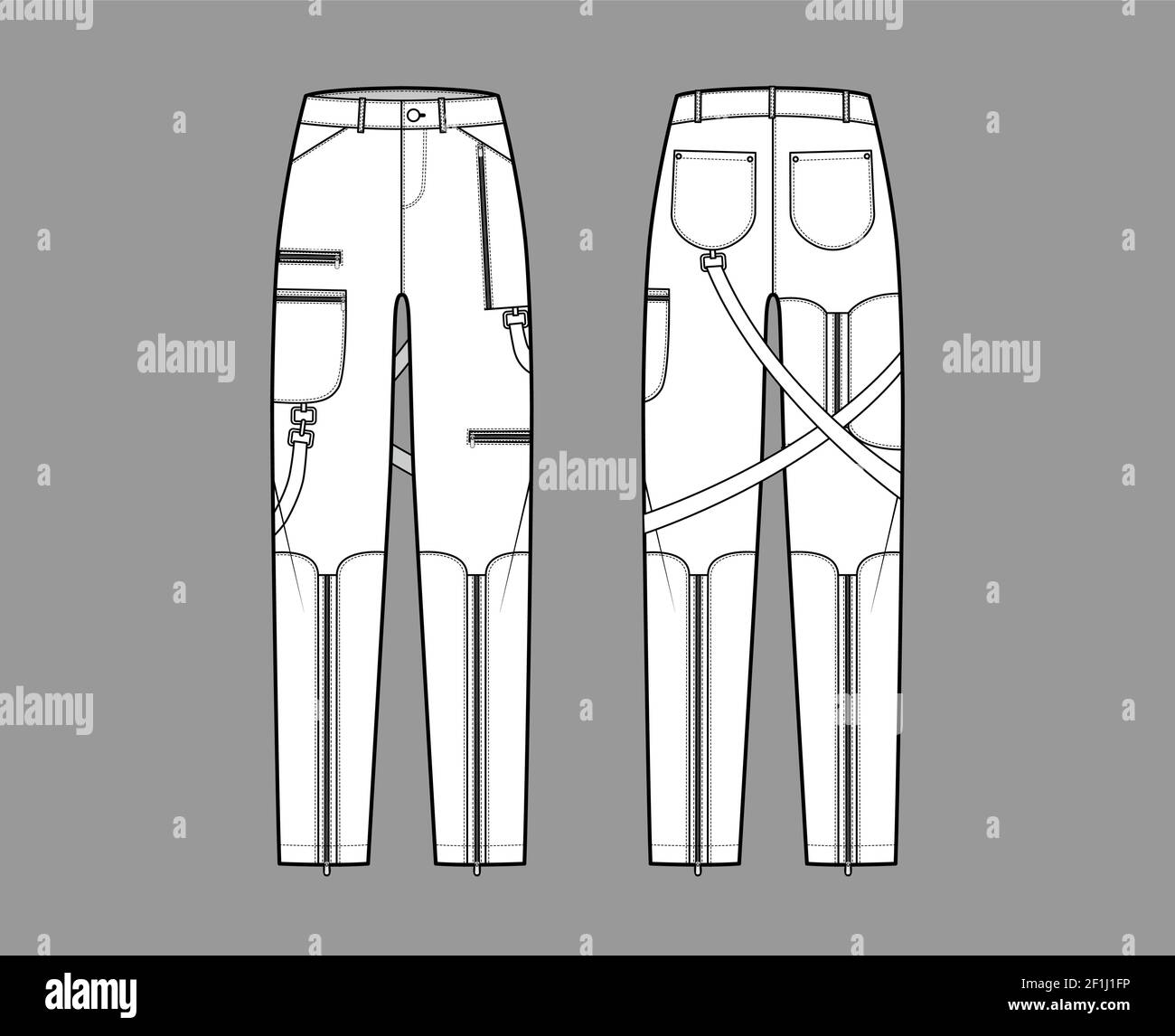 Bondage pants technical fashion illustration with low waist, rise ...