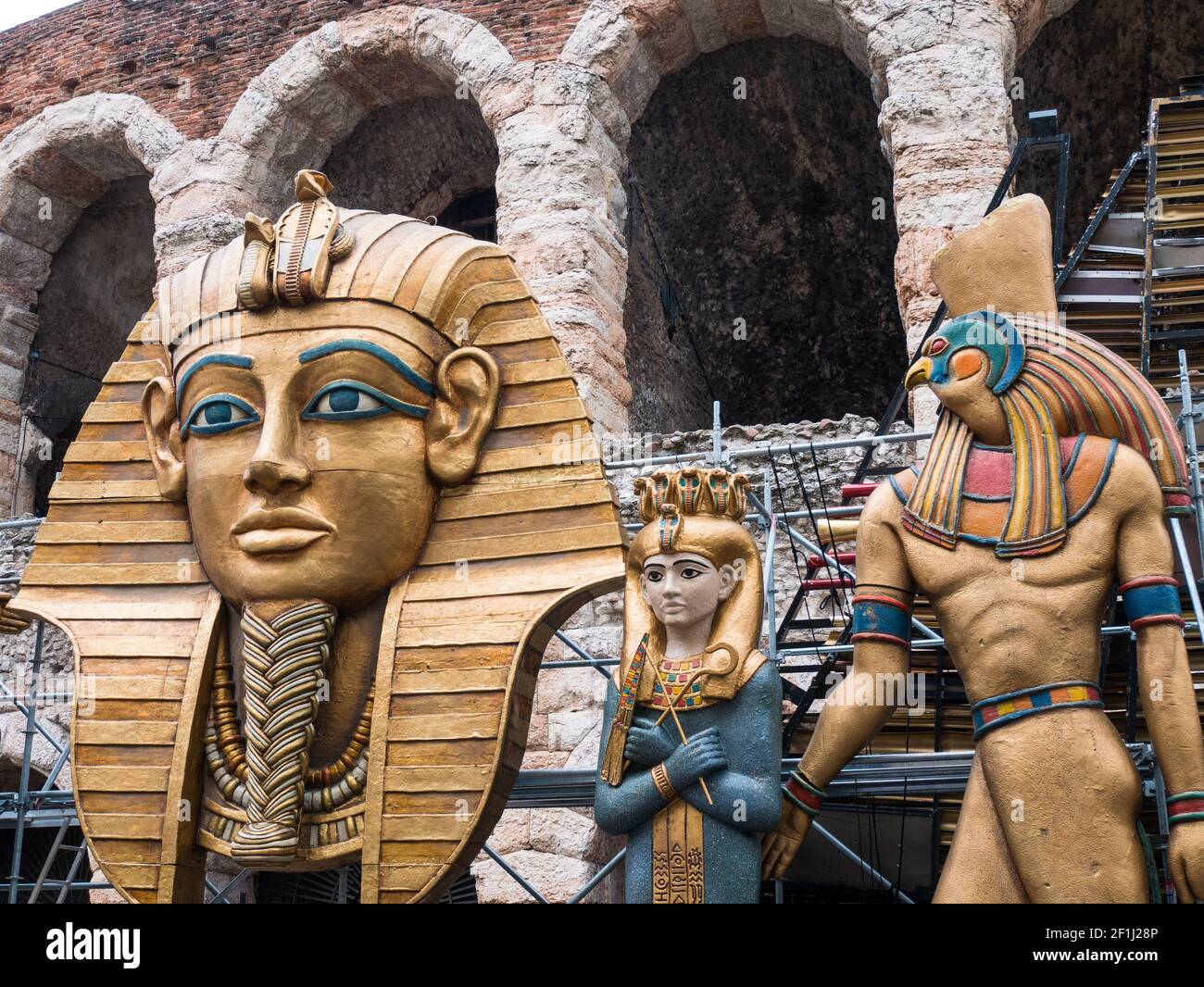 Pieces of set design of the Aida opera are transported to the Arena for a show Stock Photo