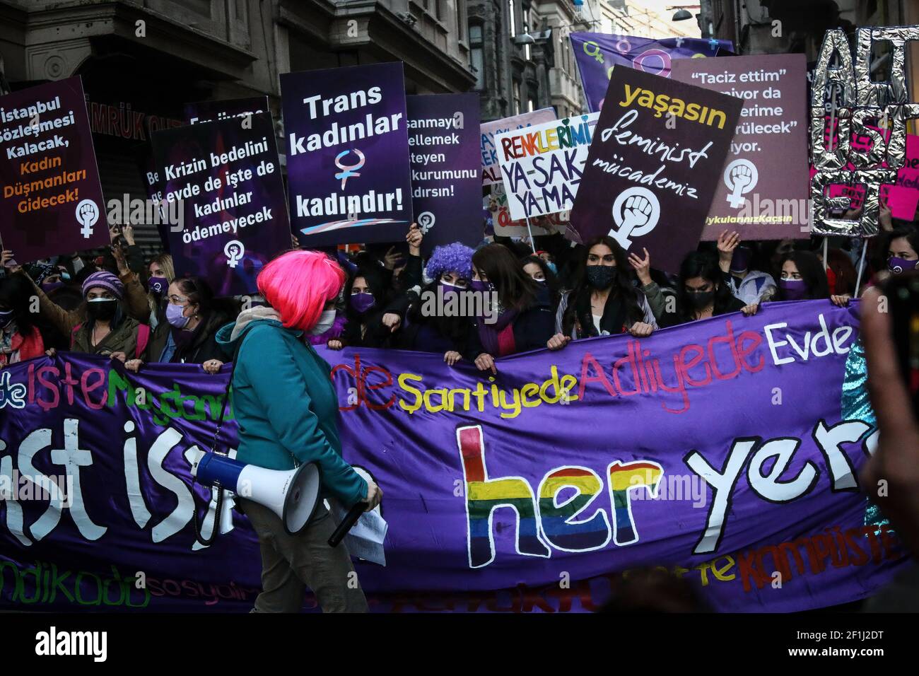 Istanbul, Turkey. 08th Mar, 2021. Demonstrators holds placard and chant slogans during the International Women's Day celebration in Istanbul. Several people gathered in Istanbul to celebrate the International women's day which falls on 8th March. Credit: SOPA Images Limited/Alamy Live News Stock Photo
