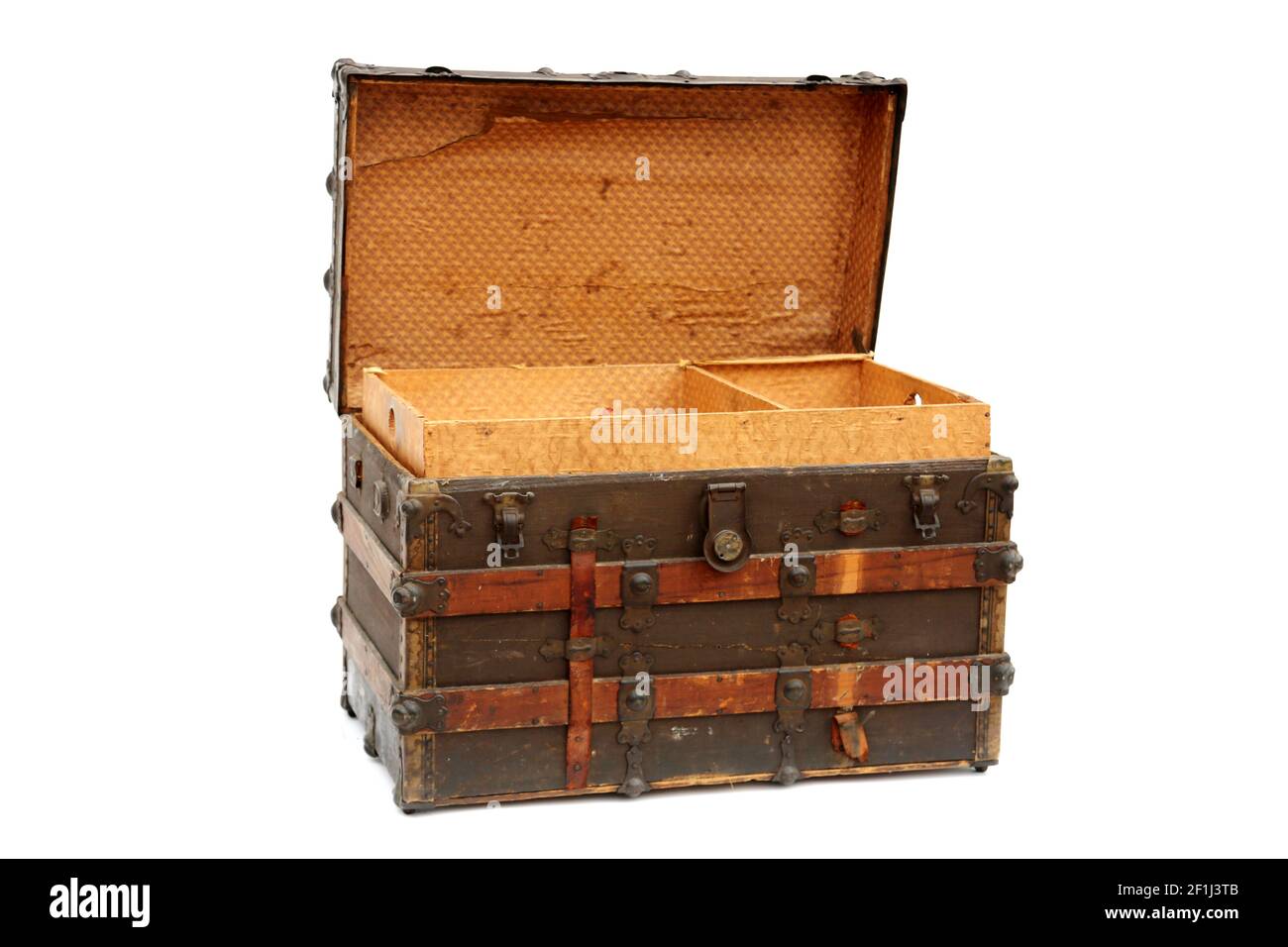 Steamer Trunk. An antique Steamer Trunk. Isolated on white. Room for text. Steamer Trunks have been used as luggage for years to protect and move clot Stock Photo