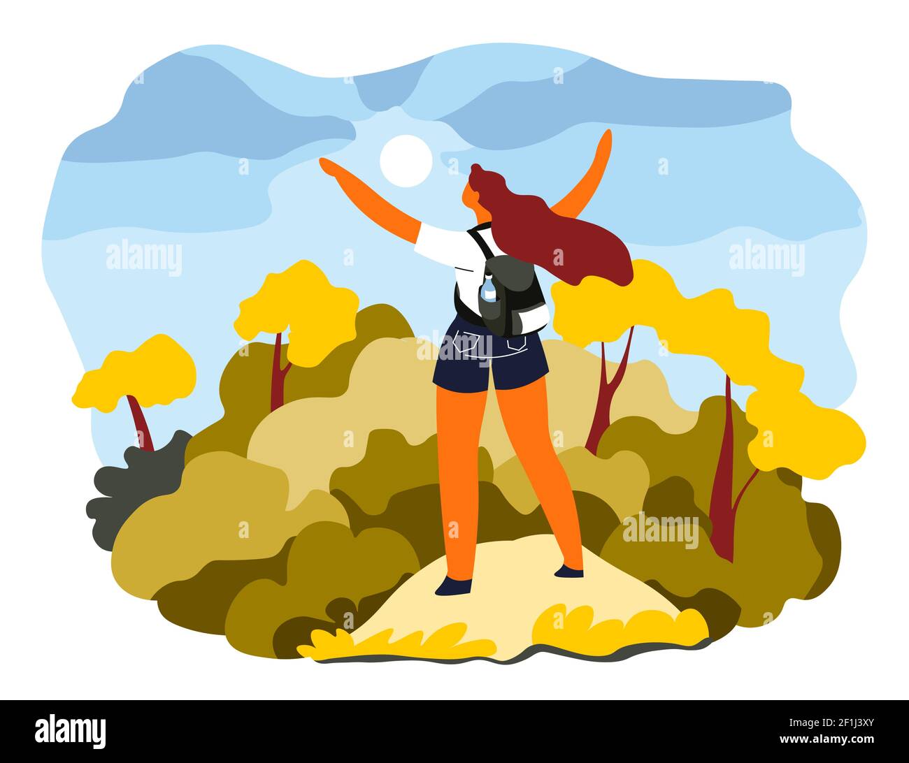 Woman stretching arms standing on mountains top Stock Vector