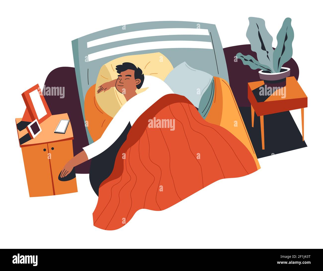 Boy sleeping in bed, resting teenage boy at home Stock Vector