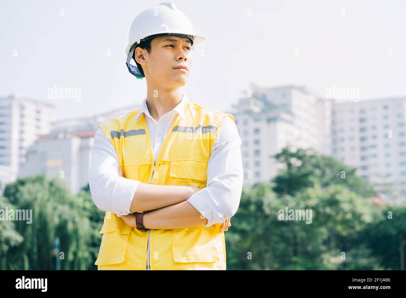 Asian construction engineers are doing experimental tests at the site Stock Photo