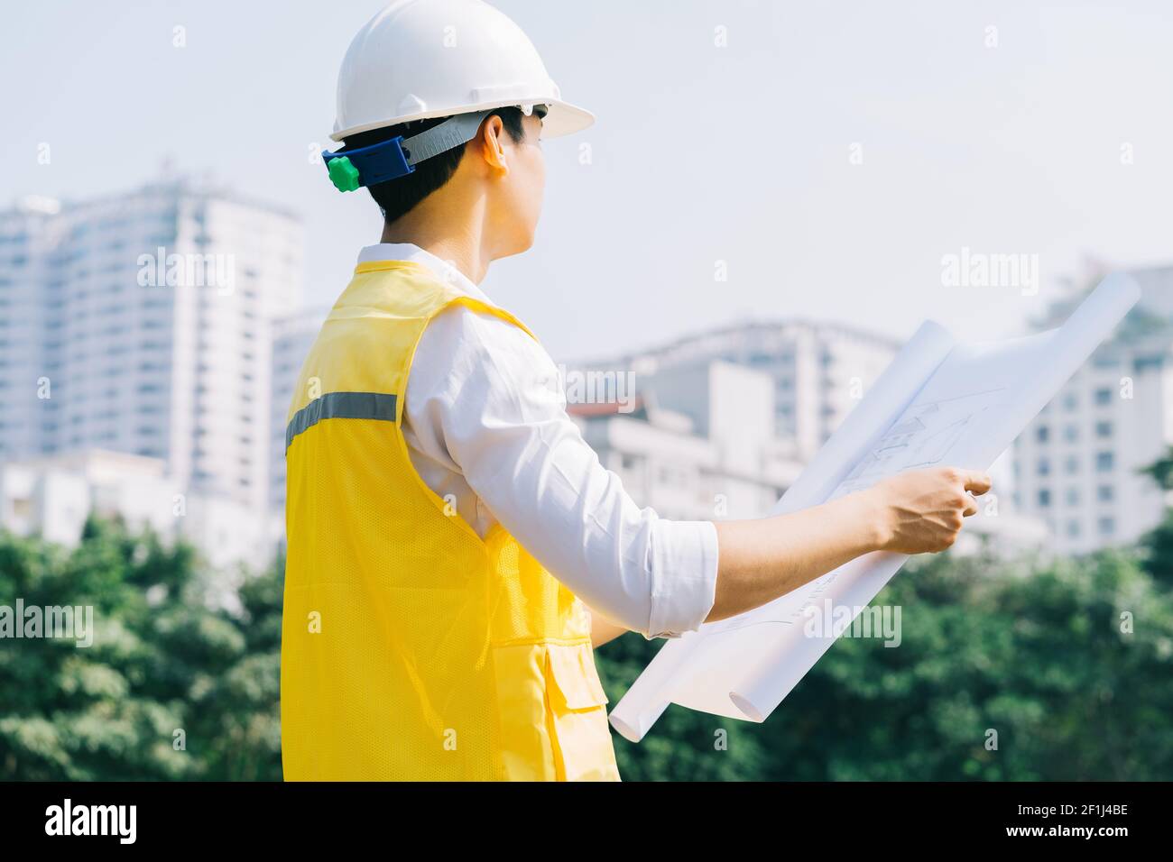 Asian construction engineers are doing experimental tests at the site Stock Photo