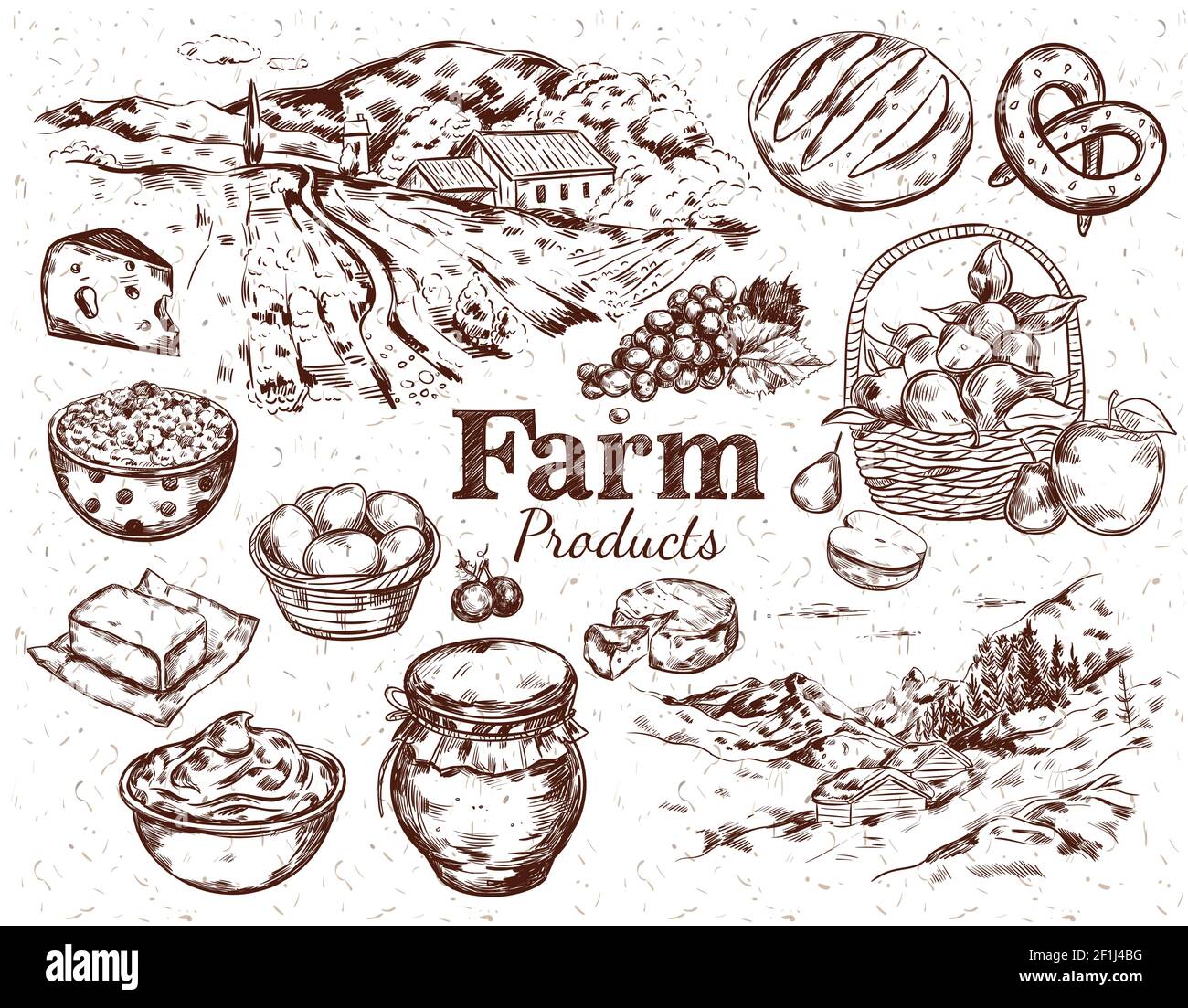 Farm products sketch set with countryside landscape fruits cheese butter eggs bread honey isolated vector illustration Stock Vector