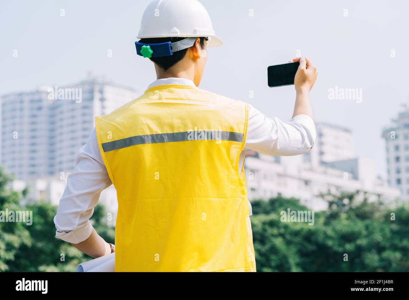 Asian construction engineers are doing experimental tests at the site Stock Photo