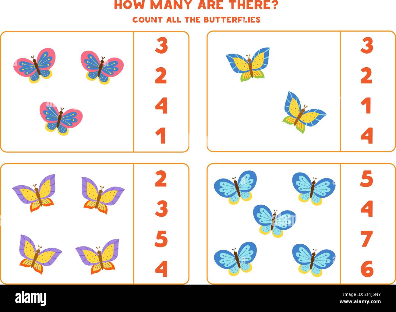 Count all colorful butterflies and circle the correct answers. Math