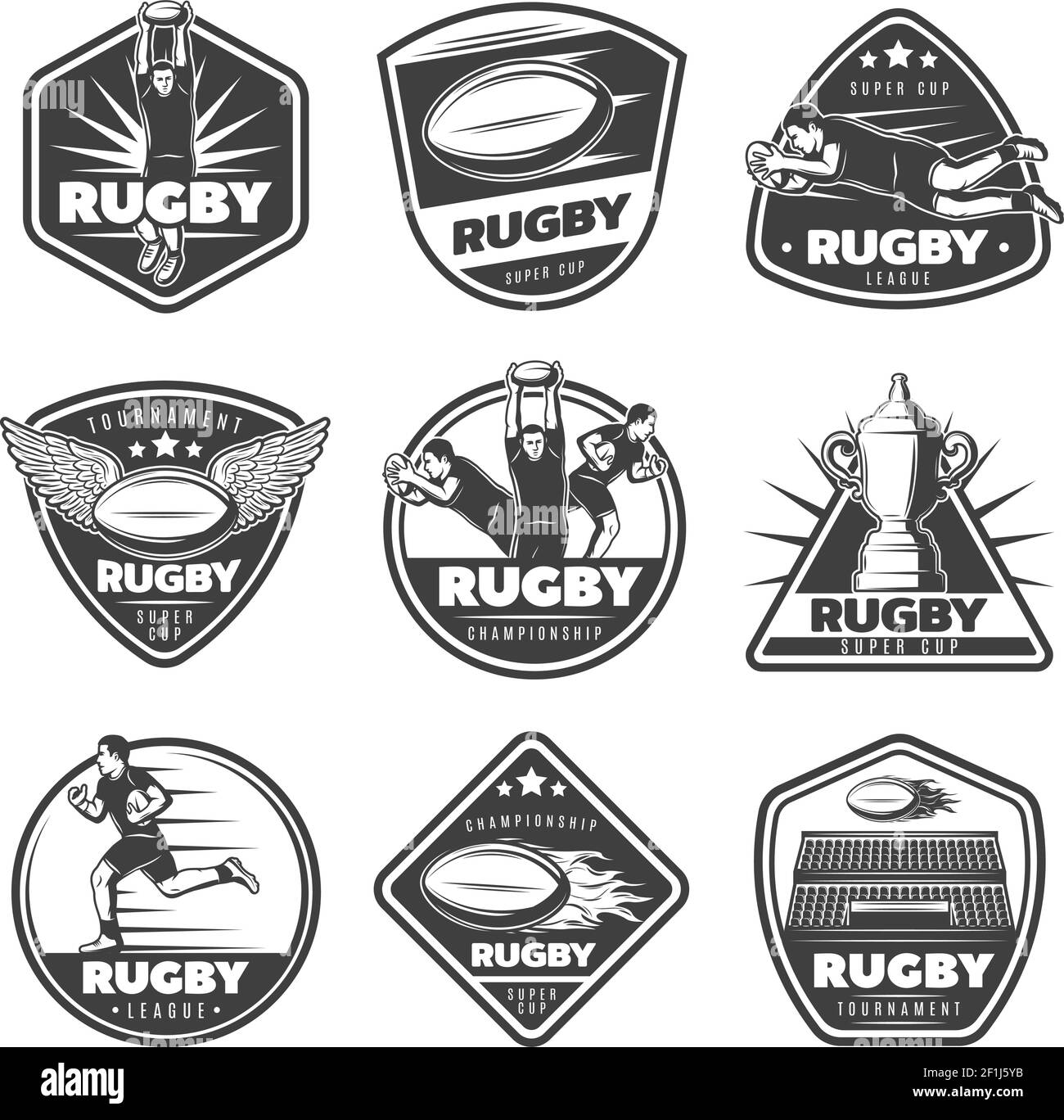 Vintage monochrome rugby labels set with letterings players in various poses different balls cup stadium isolated vector illustration Stock Vector