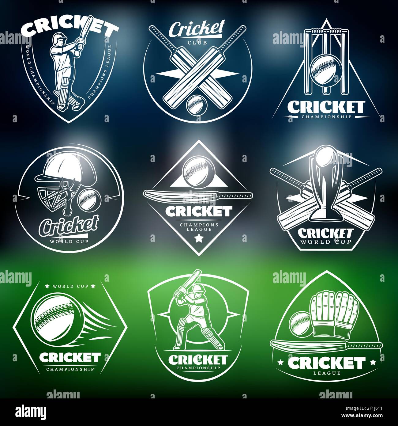 Vintage white cricket labels set with inscriptions players sport equipment wicket cup on blurred stadium background isolated vector illustration Stock Vector