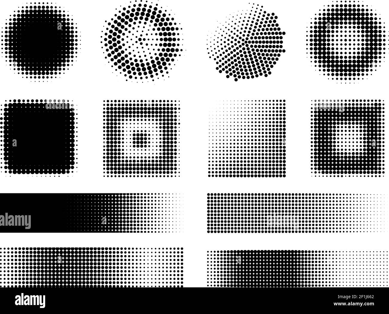 Monochrome halftone effects design elements set with dotted circles squares and rectangles isolated vector illustration Stock Vector