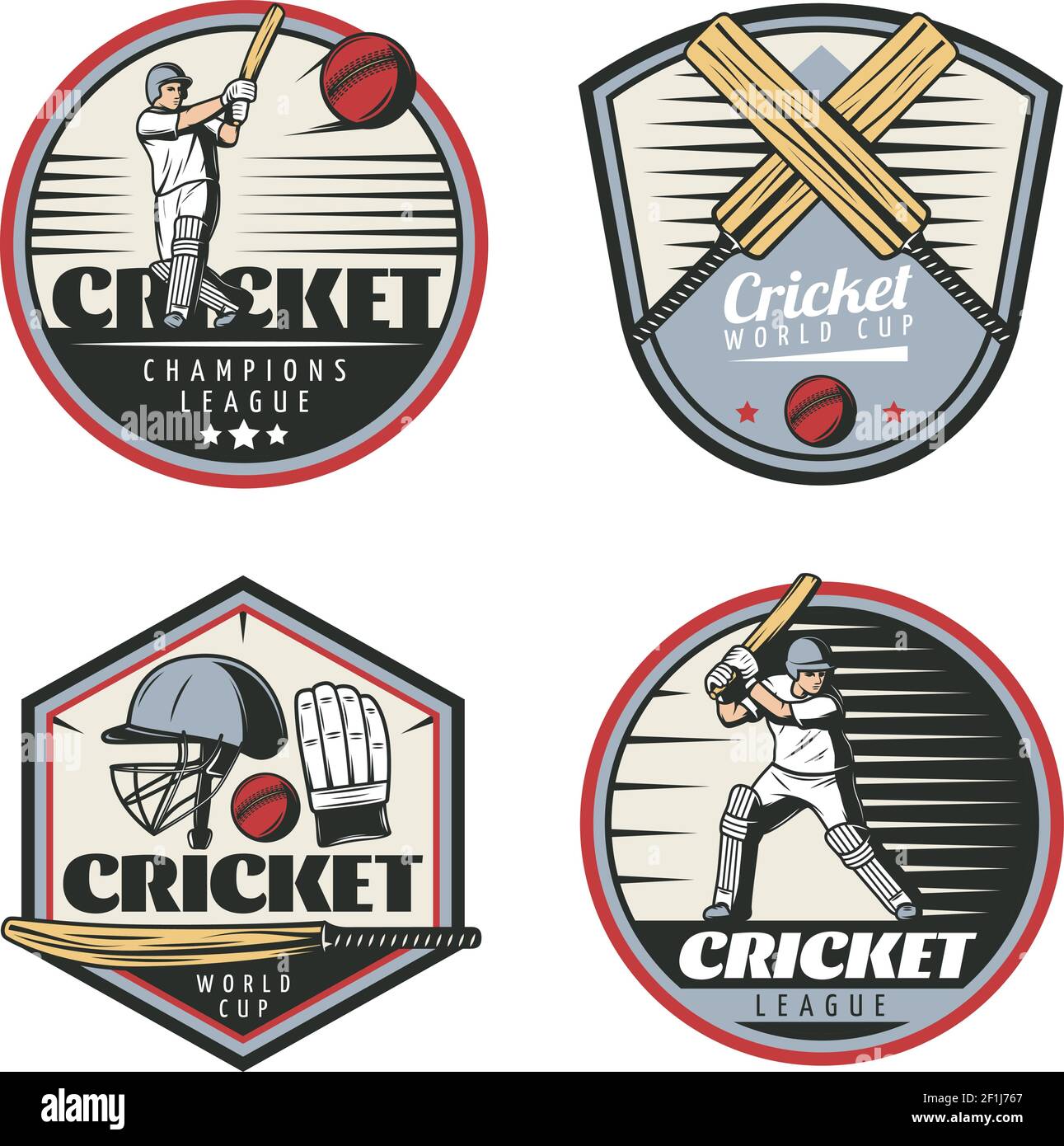 Colored vintage cricket sport emblems set with sportsmen crossed bats