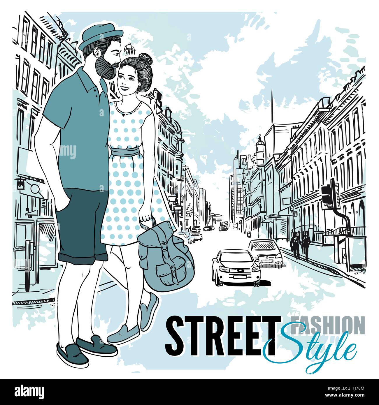 Blue color style couple fashion city street poster with street fashion style description vector illustration Stock Vector