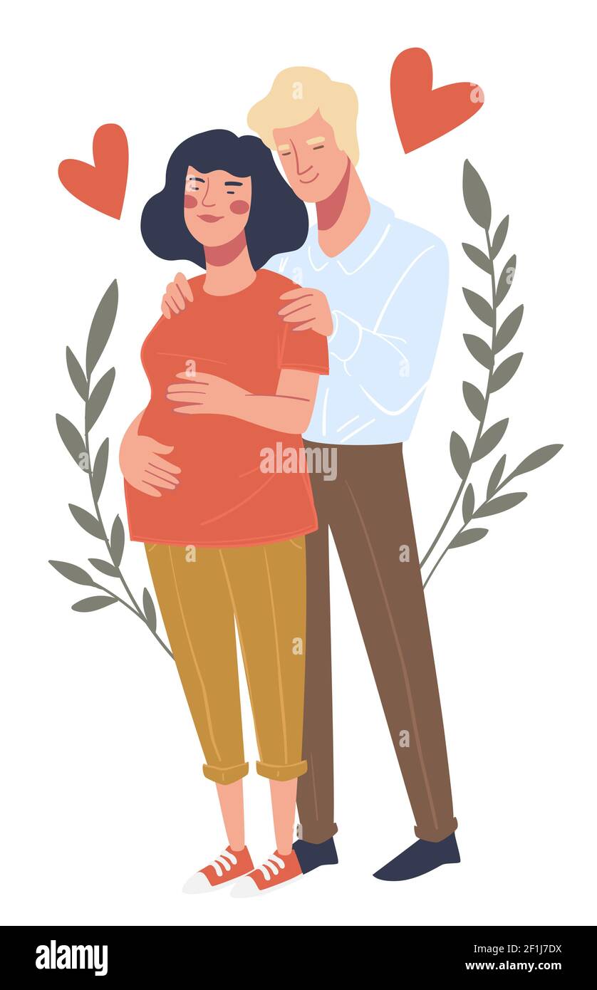 Expecting woman and man, pregnant wife and husband Stock Vector