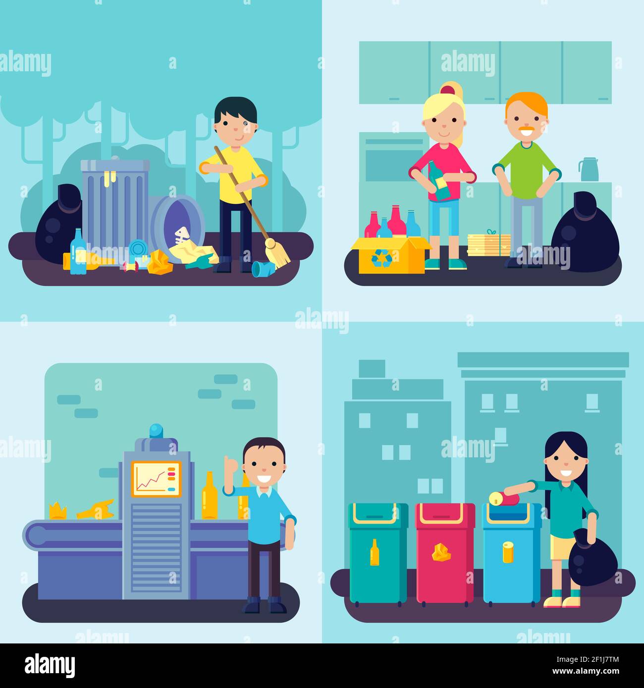 Flat waste concept with people gathering sorting recycling of garbage ...