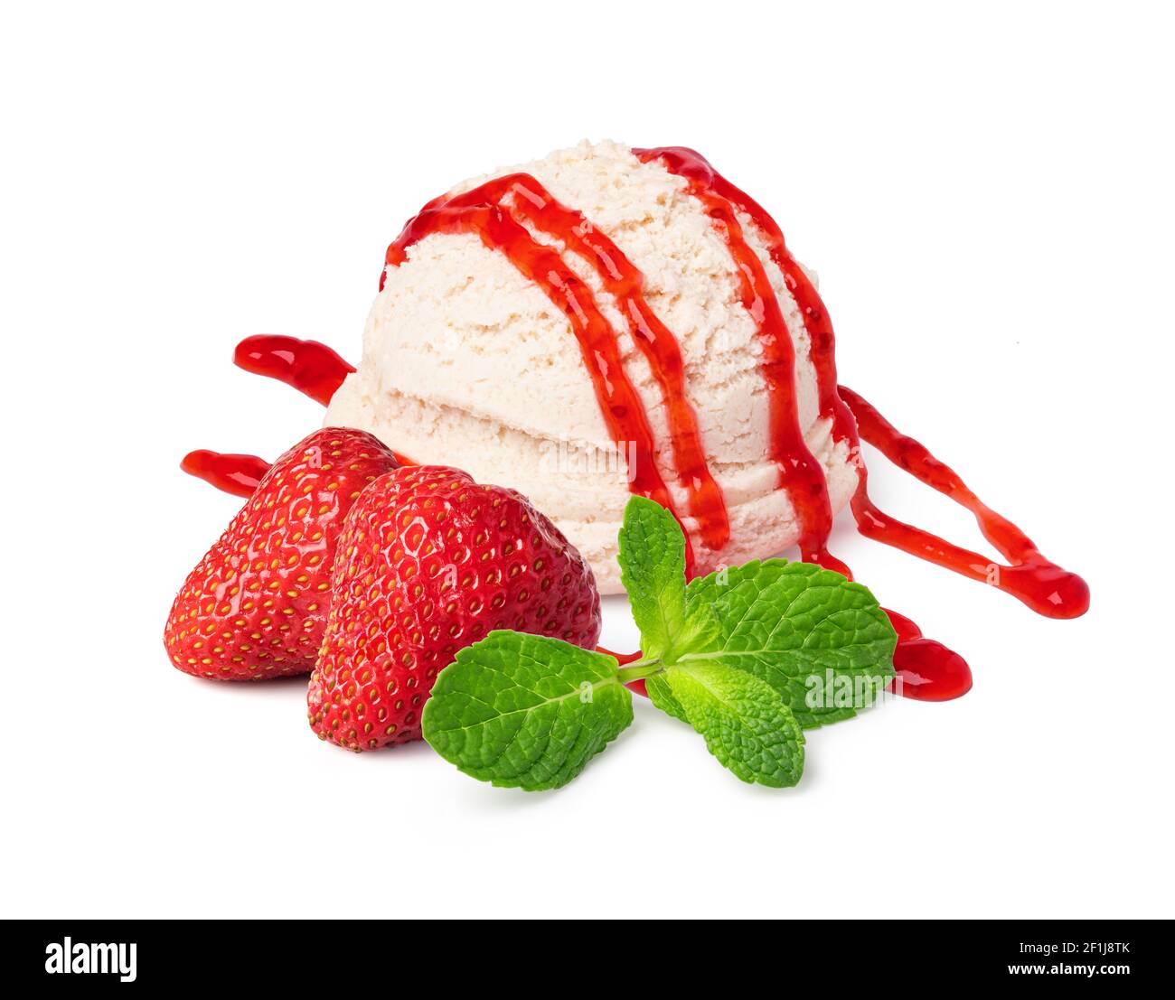 Vanilla ice cream scoop with strawberry sauce Stock Photo